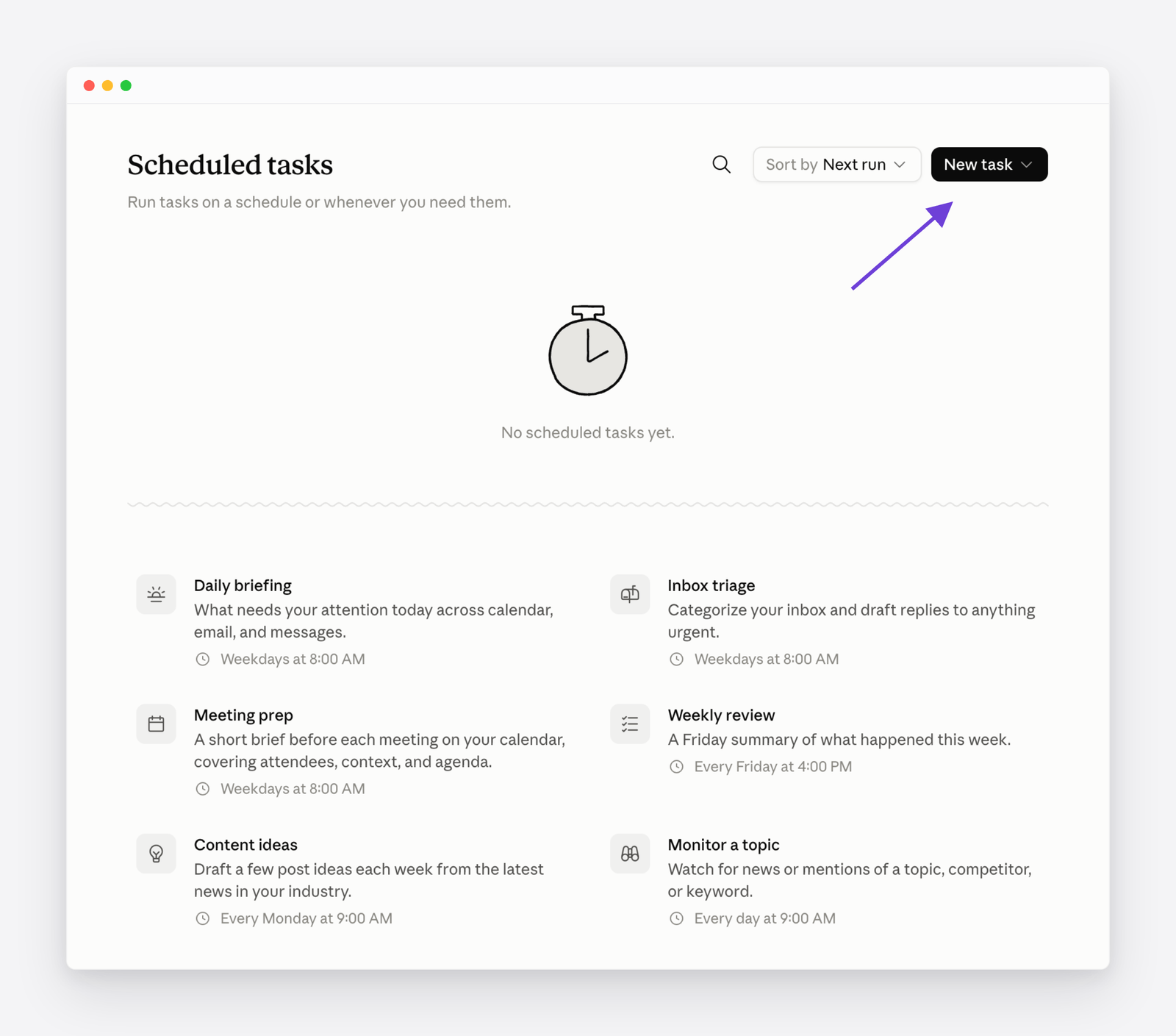 Claude Scheduled tasks screen with the New task button