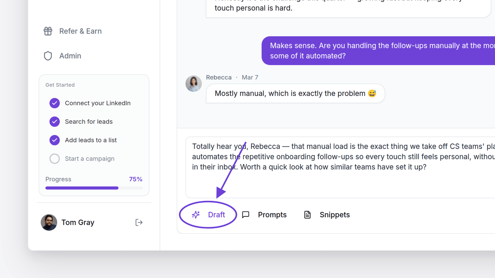 Flow AI message composer with a Co-pilot draft and the Draft button highlighted