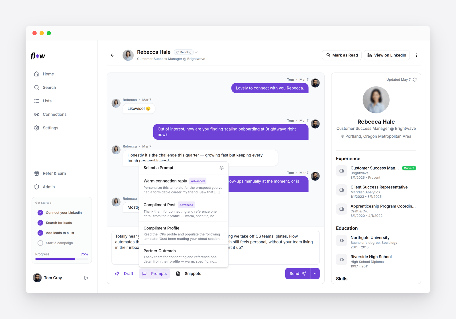 Flow AI conversation view with the prompt picker open: Compliment Post, Compliment Profile and other saved prompts