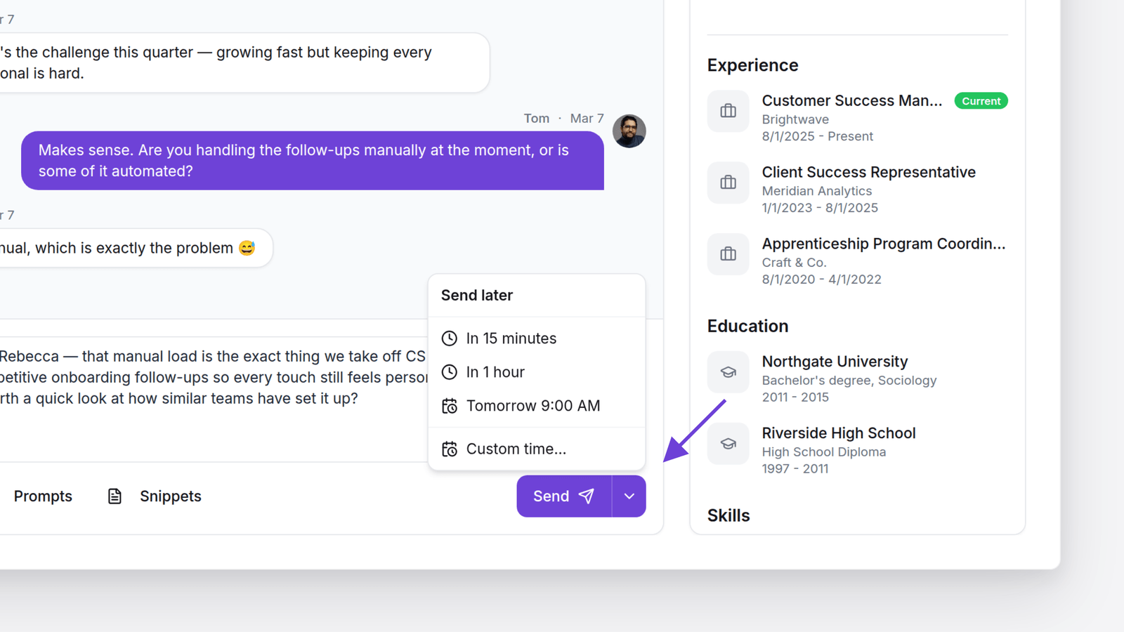 Flow AI Send later menu: in 15 minutes, in 1 hour, tomorrow 9:00 AM, or a custom time