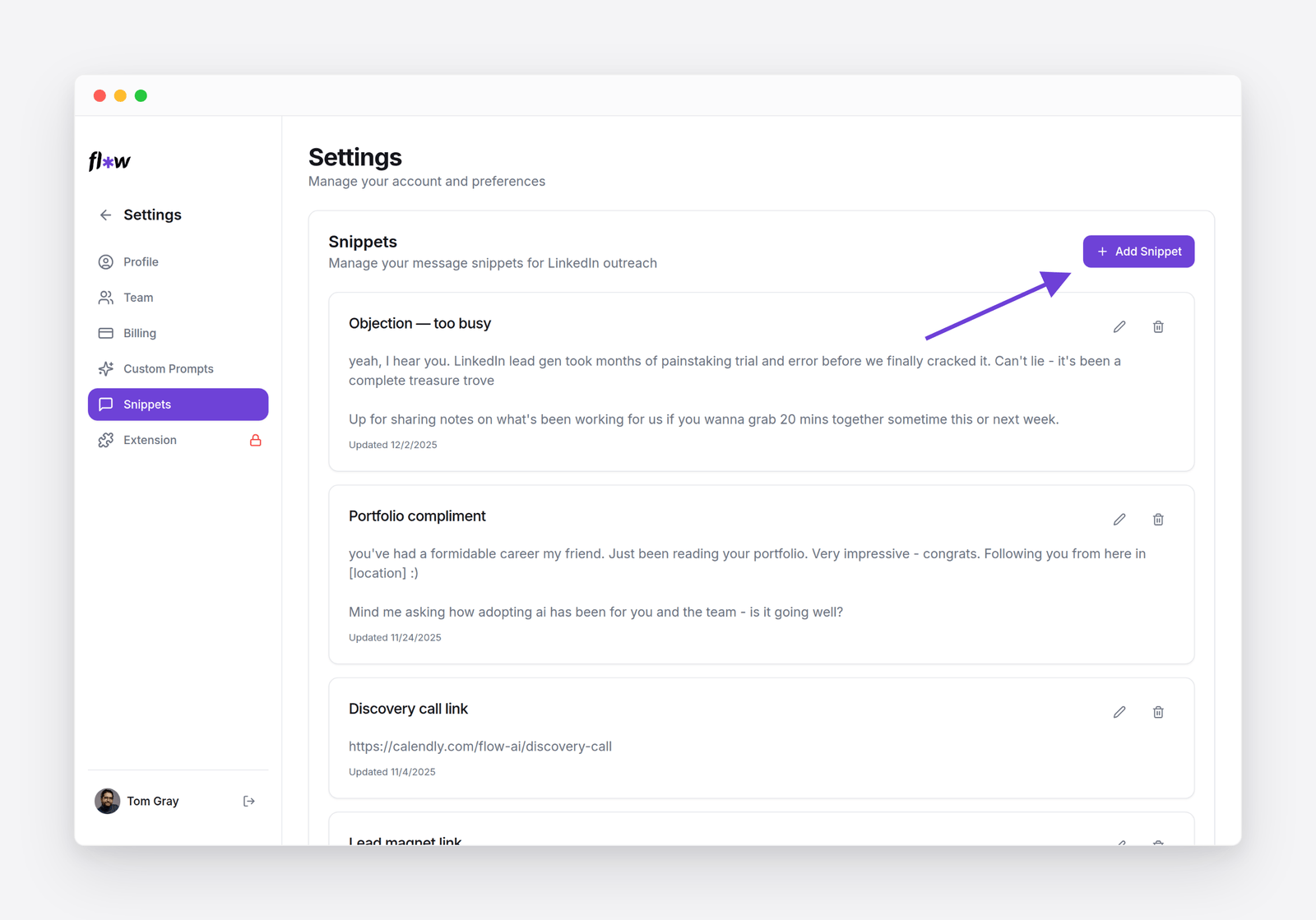 Flow AI Snippets settings with saved talking points and a discovery call link