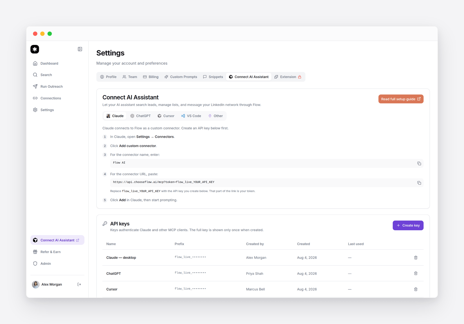 Flow AI Connect AI Assistant settings with tabs for Claude, ChatGPT, Cursor and VS Code, and the API keys panel