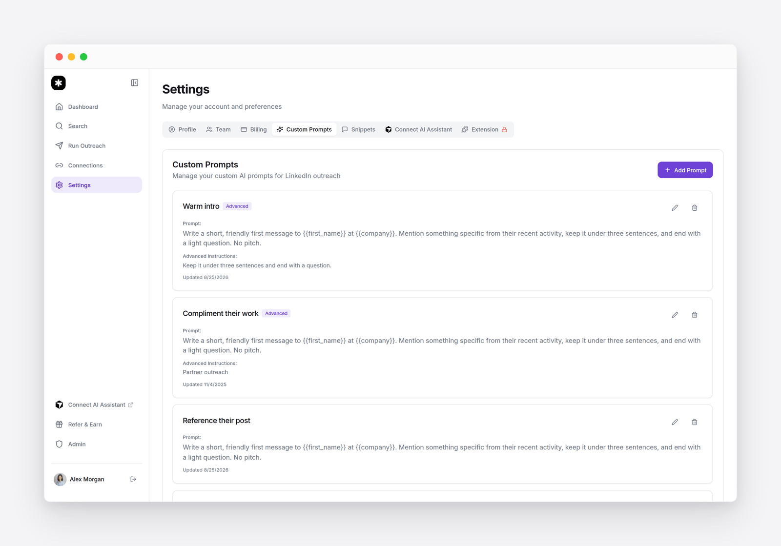 Flow AI Custom Prompts settings with saved prompts like Warm intro and Compliment their work