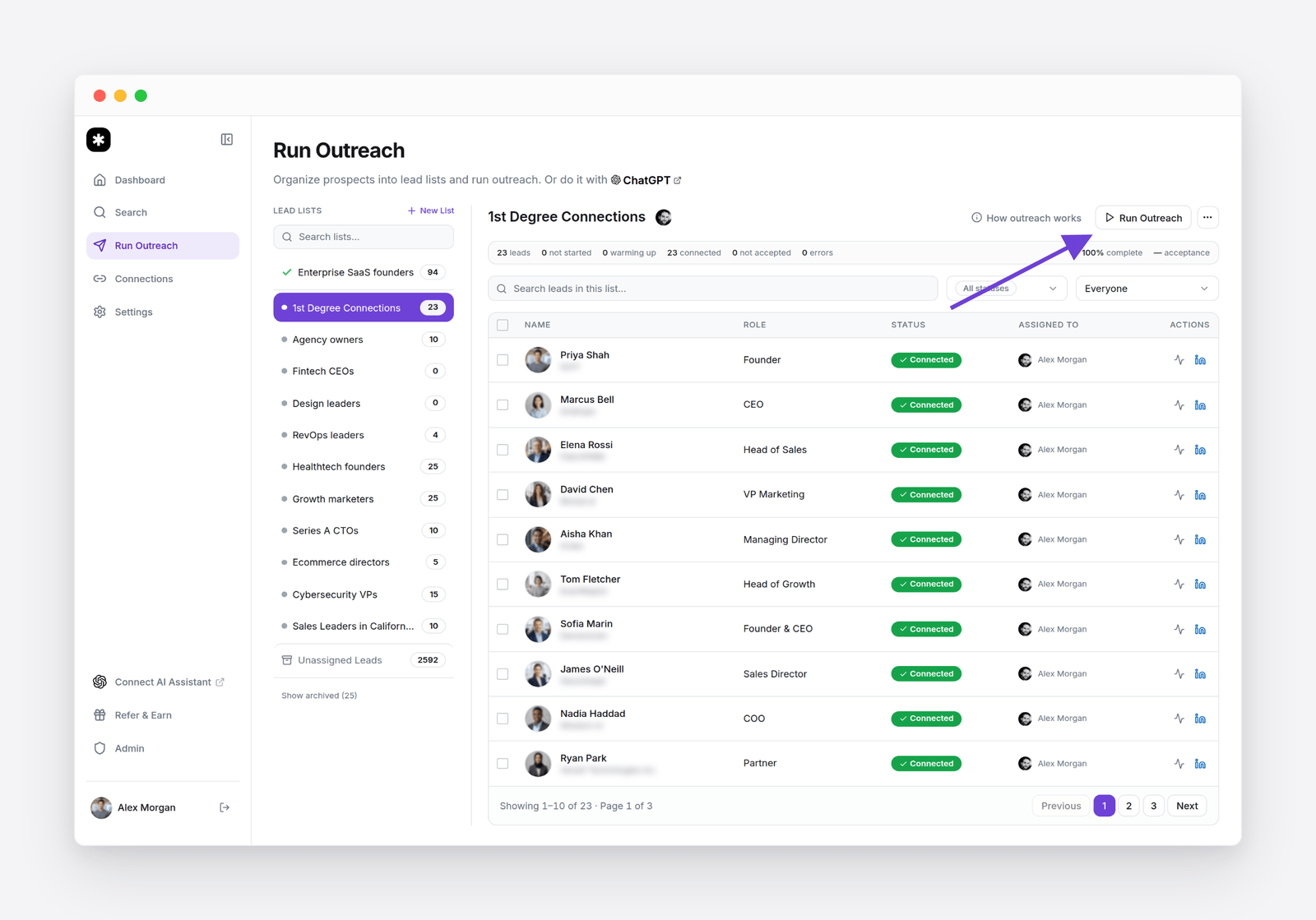 Flow AI Run Outreach: lead lists on the left, leads and their status, and the Run Outreach button