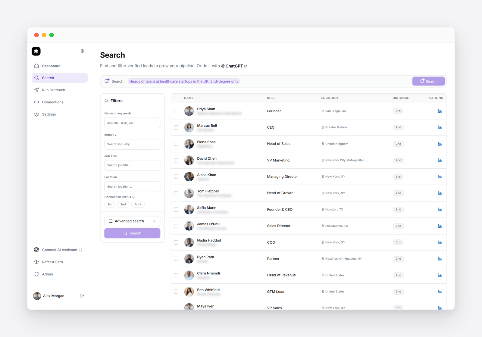 Flow AI Search: a natural-language search bar, filters, and a list of matching LinkedIn profiles